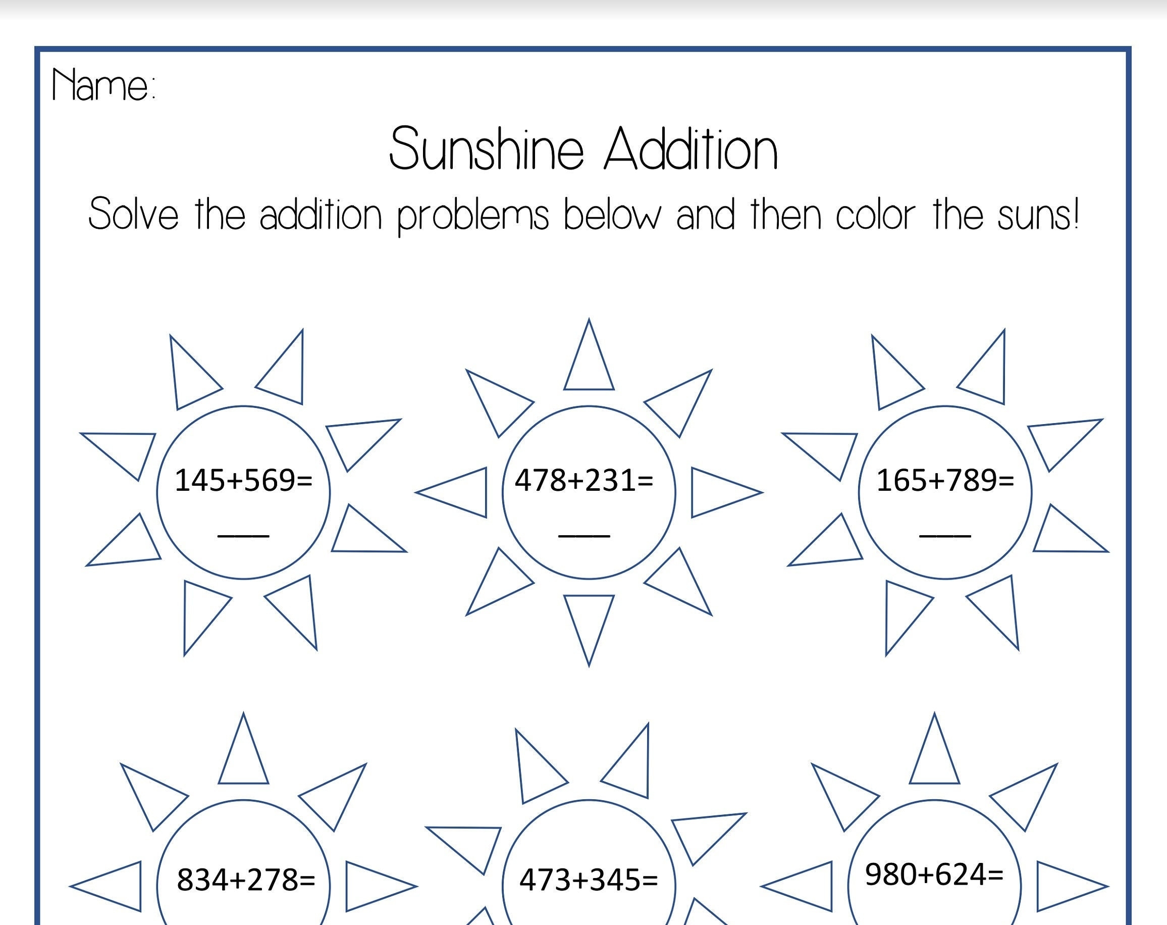 Sunshine Math Worksheets addition Subtraction Multiplication Division Etsy