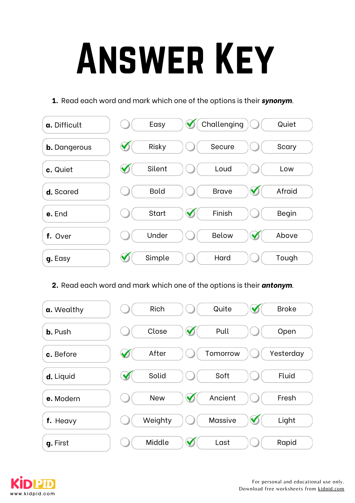 Synonyms Kindergarten Worksheets Free