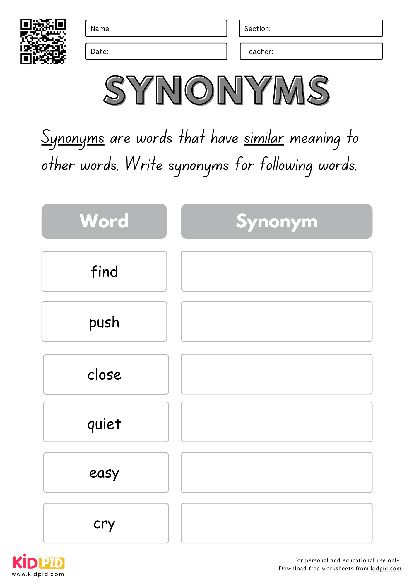 Synonyms U0026 Antonyms Worksheets For Kindergarten To Grade 5 Kidpid