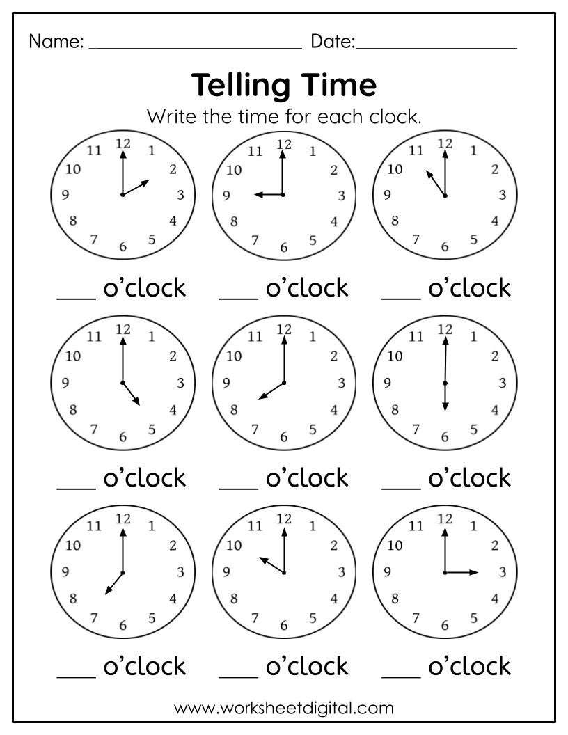 Telling Time To The Hour Worksheet Kindergarten First Grade 