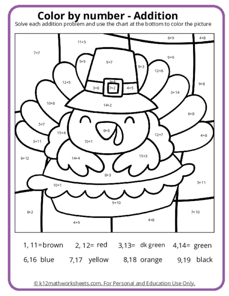 Thanksgiving Color By Number Pages K12 Math Worksheets