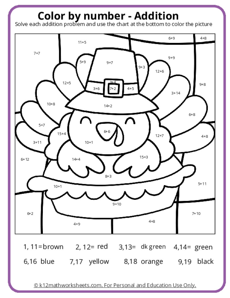 Thanksgiving Color By Number Pages K12 Math Worksheets