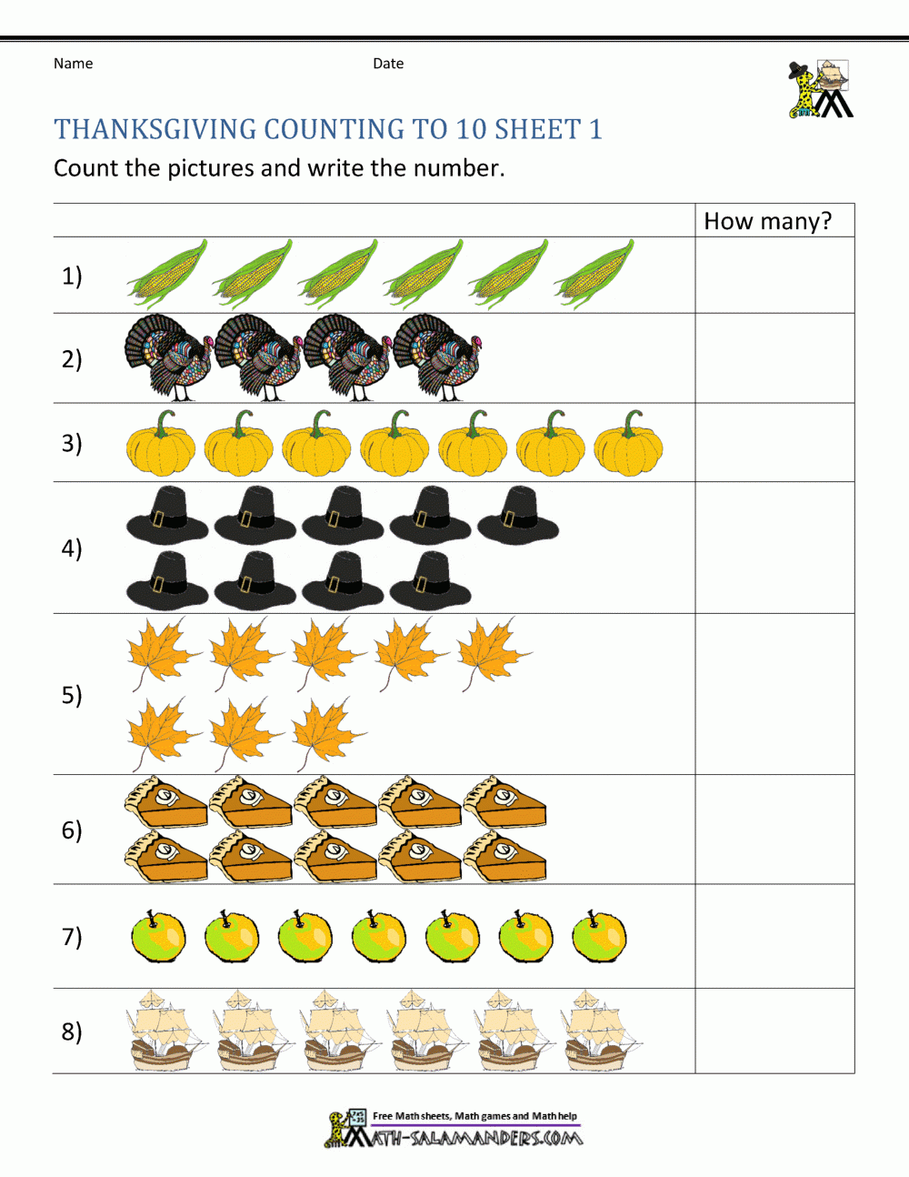 Thanksgiving Counting Worksheets