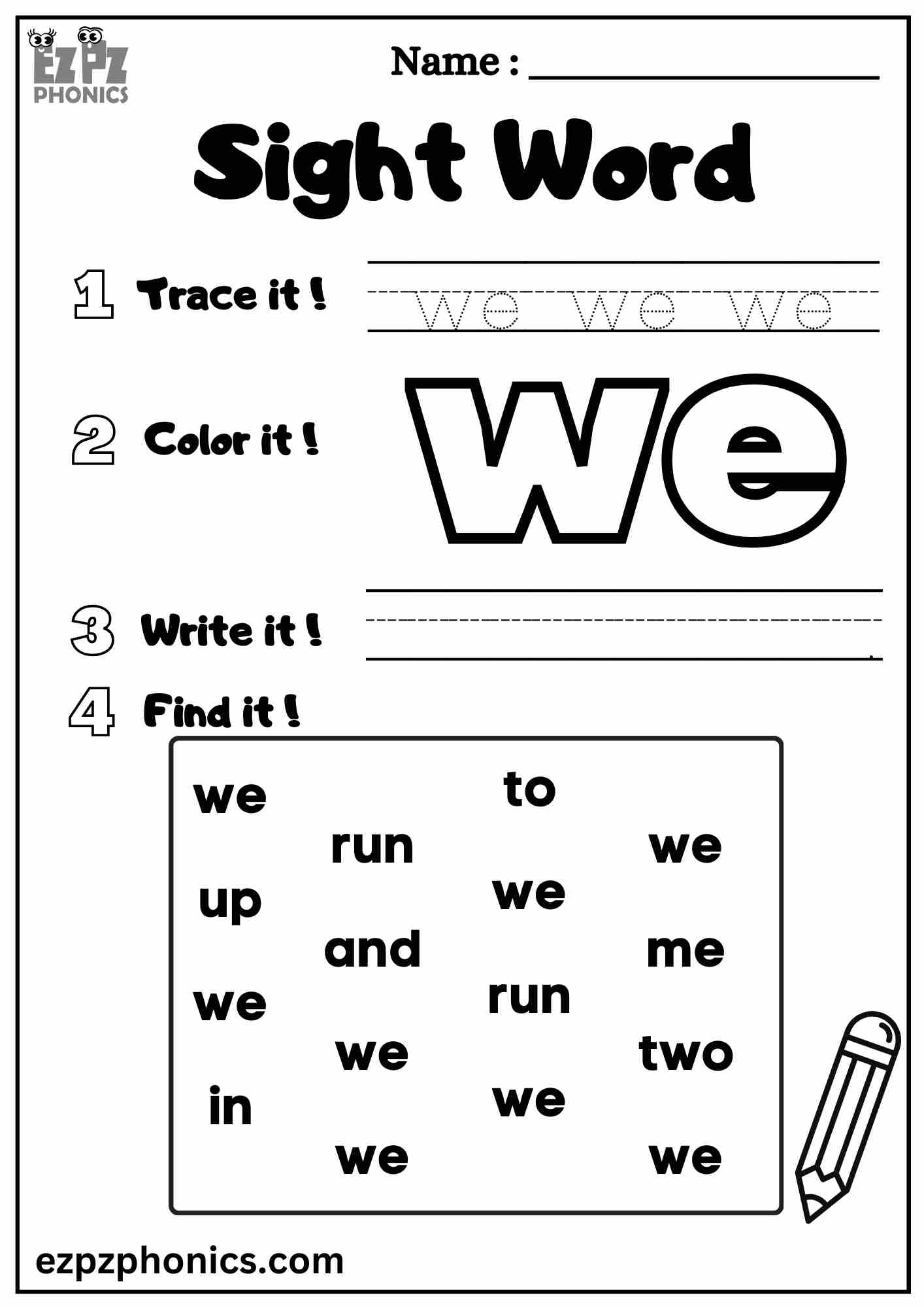 Kindergarten From Sight Word Worksheet
