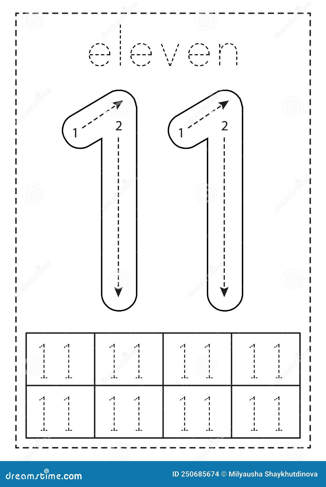 Tracing Number Eleven Preschool Worksheet Black And White Stock Vector Illustration Of School Cartoon 250685674