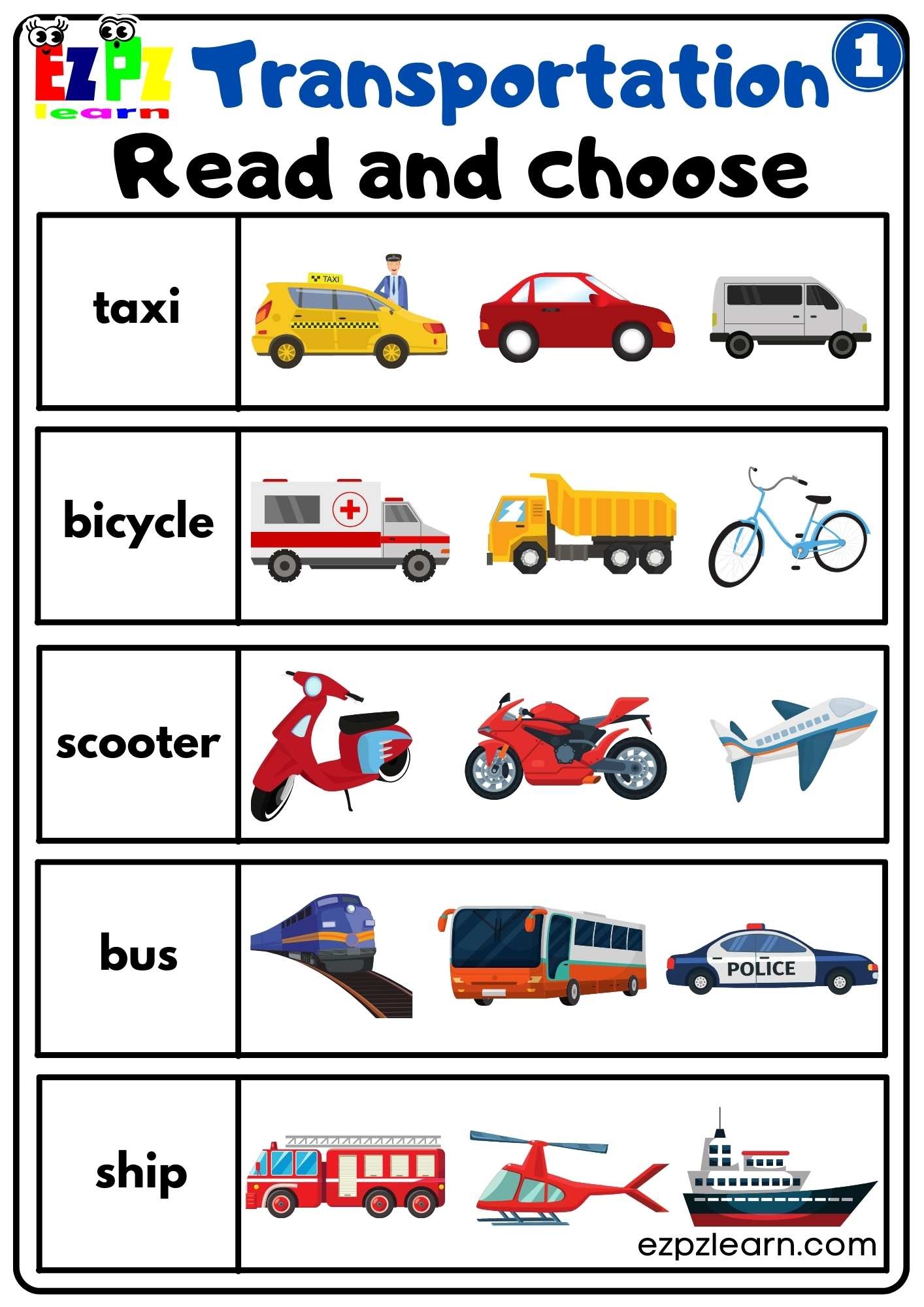 Transportation Vocabulary Read And Choose Worksheet Easy For Kids 