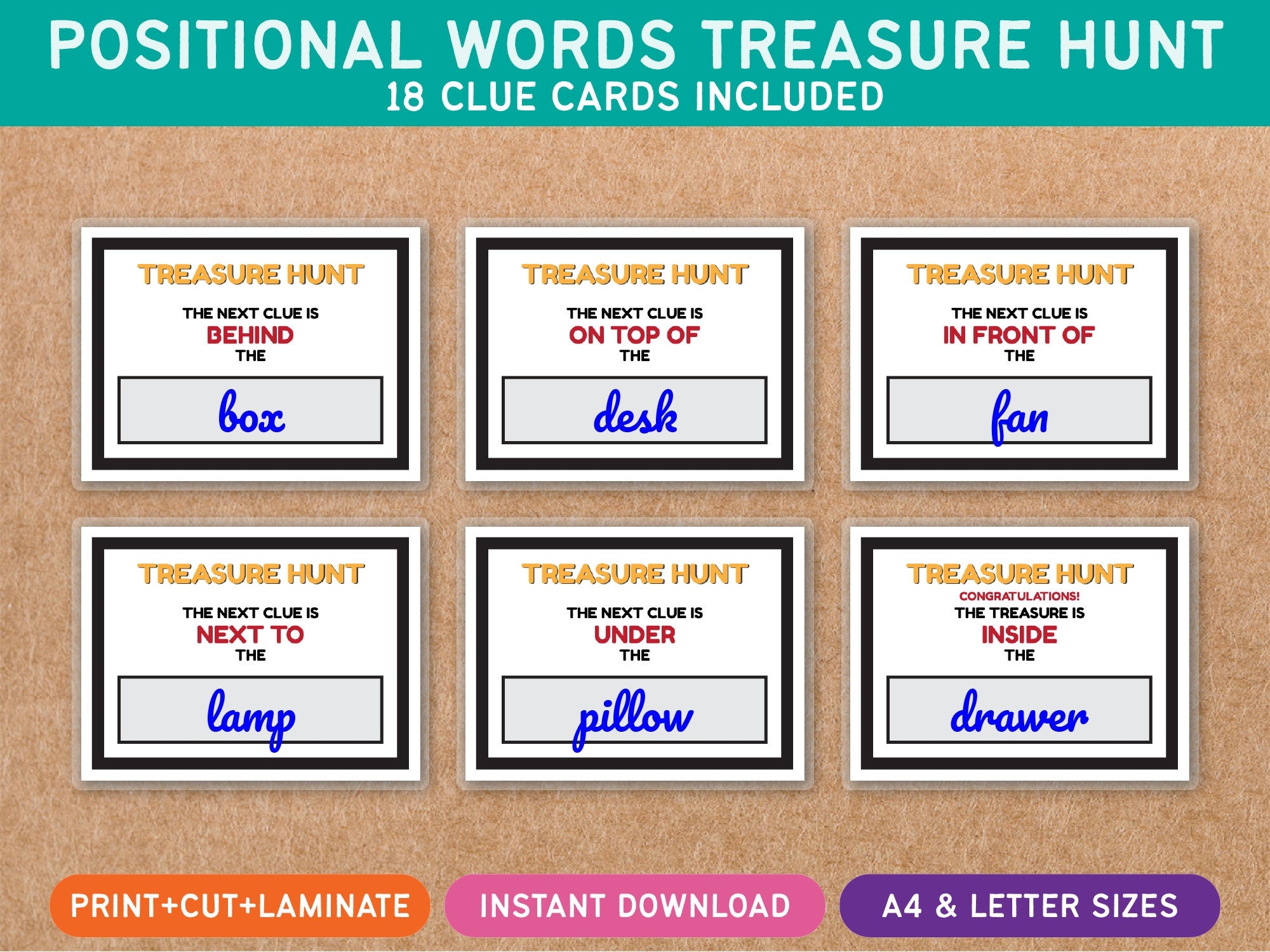 Treasure Hunt Clue Cards Positional Words Printable Game 