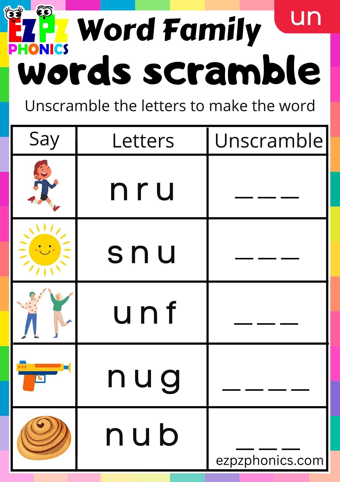 UN Words Words Scramble Phonics Word Families Worksheet 