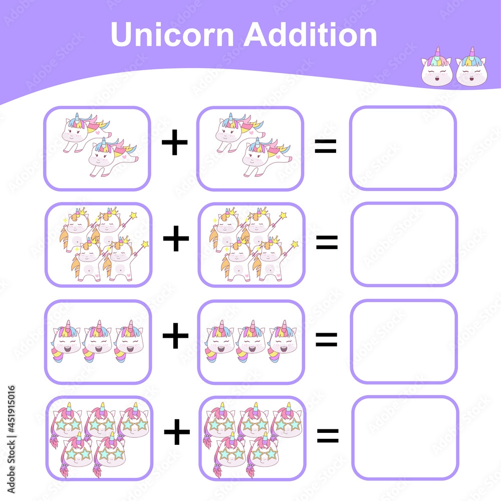 Unicorn Addition Math Game For Preschool Counting Game Worksheet 