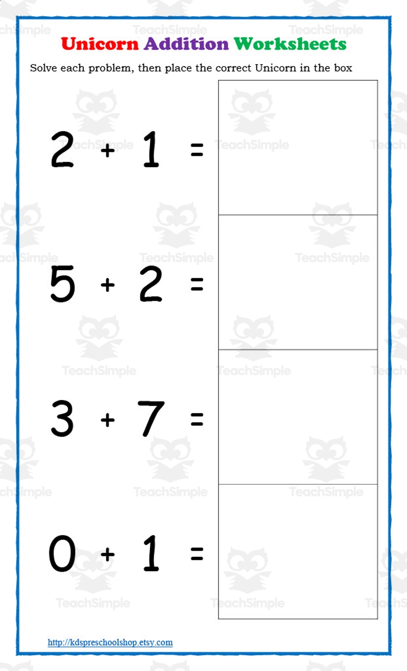 Unicorn Addition Worksheet Adding Numbers 1 10 By Teach Simple