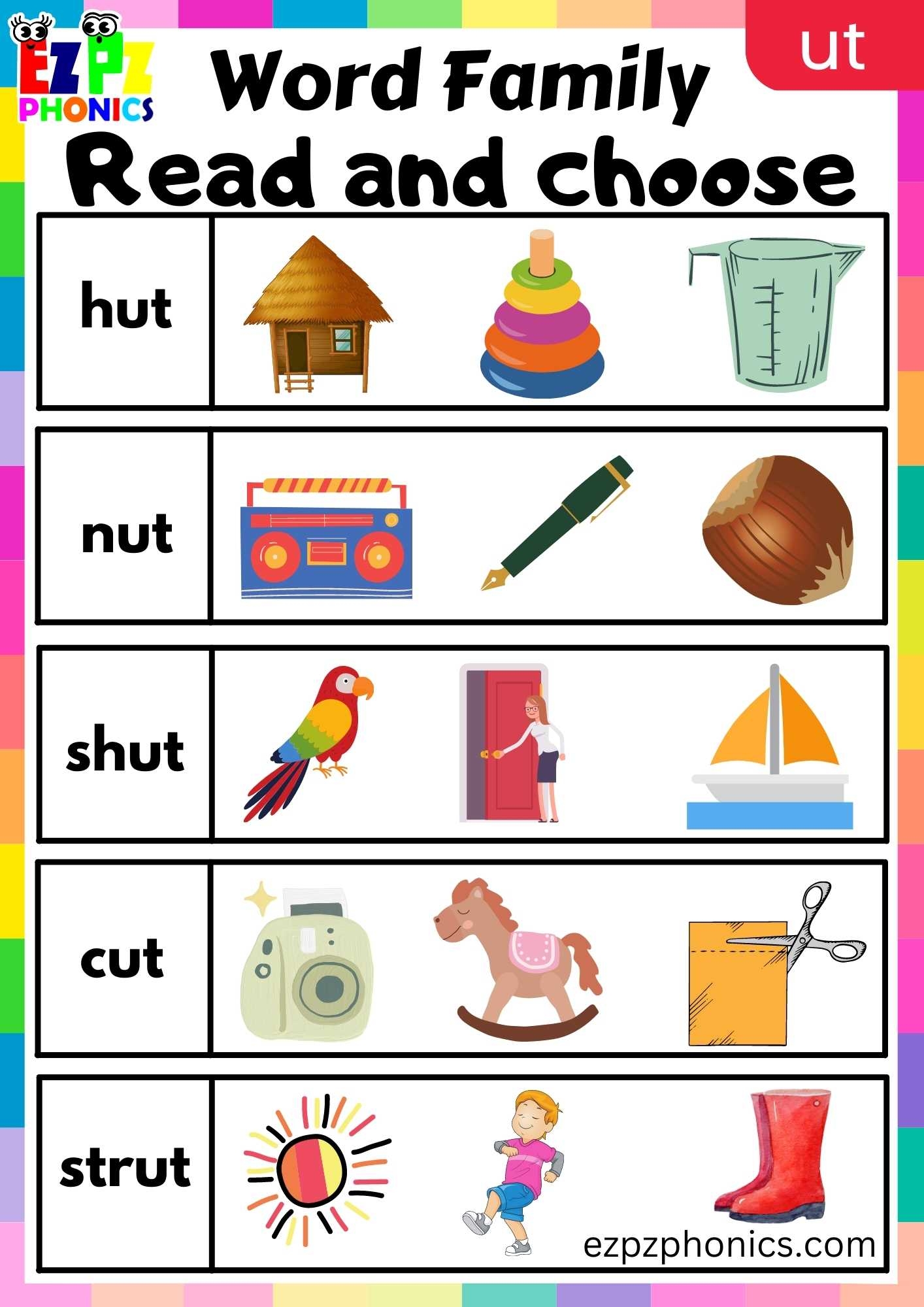 UT Words Read And Choose Phonics Word Families Worksheet Ezpzphonics
