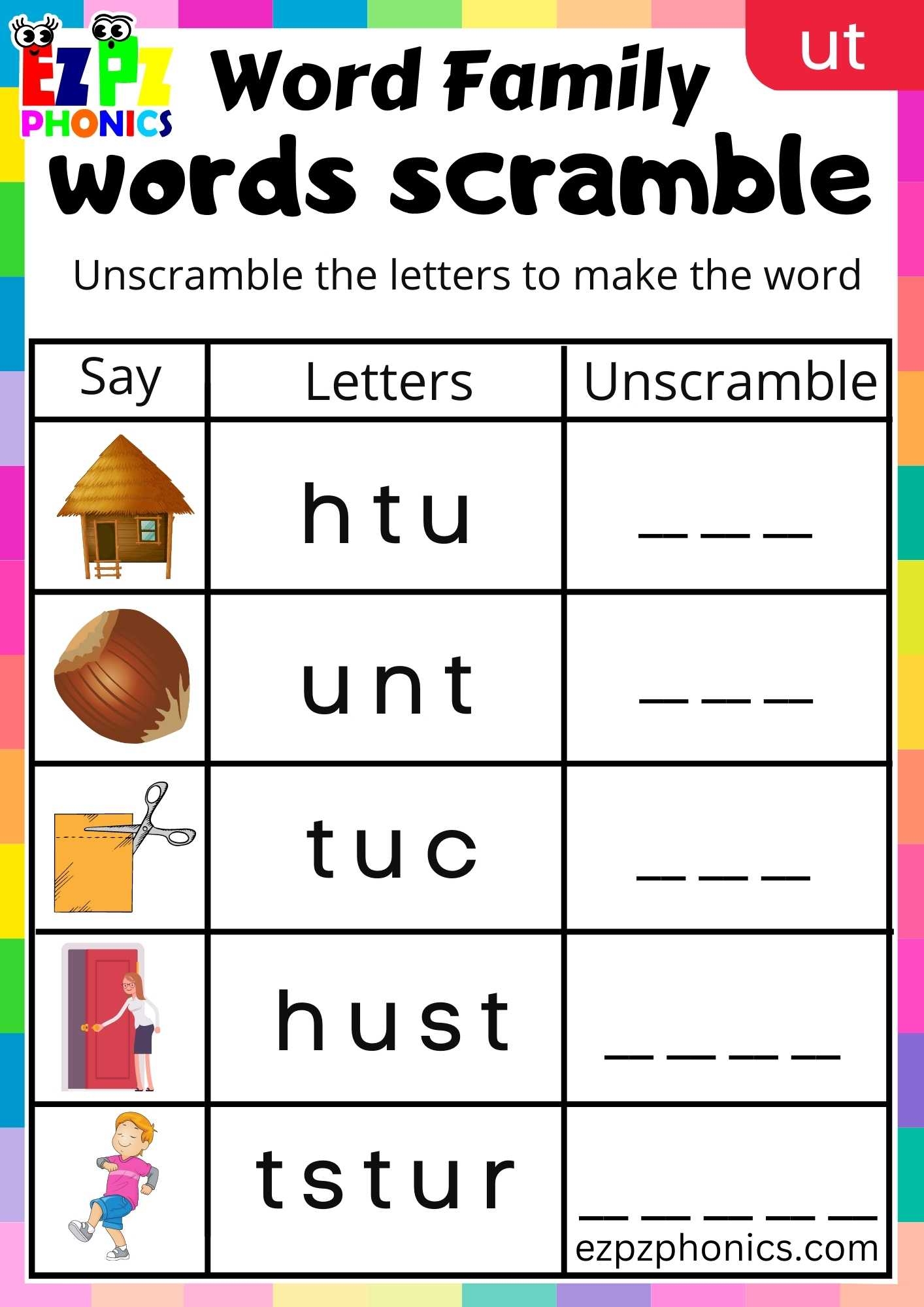 Ut Word Family Worksheets Kindergarten