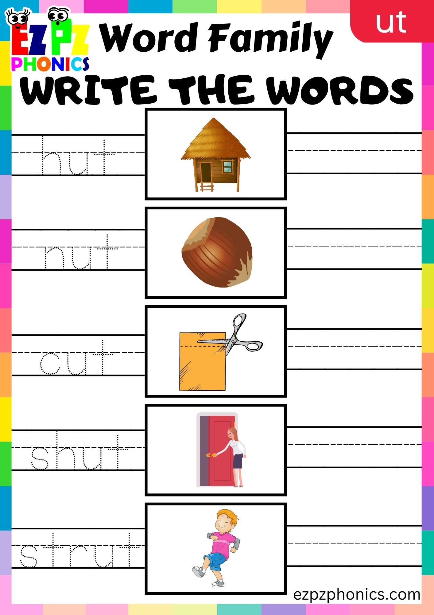 UT Words Write The Words Phonics Word Families Worksheet Ezpzphonics