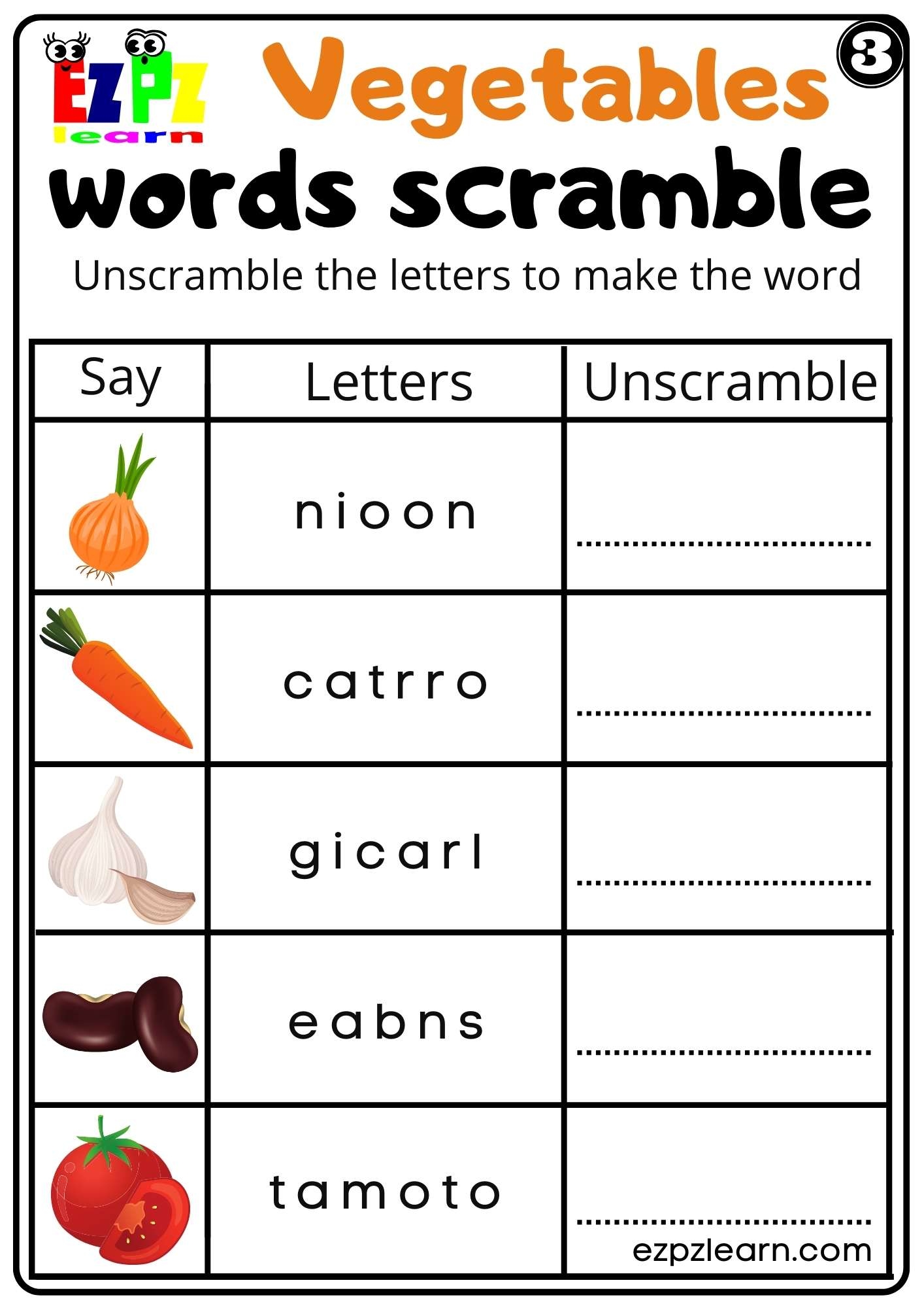 Vegetables Words Scramble Worksheet For K5 Kindergarten And ESL Students Set 3 Ezpzlearn