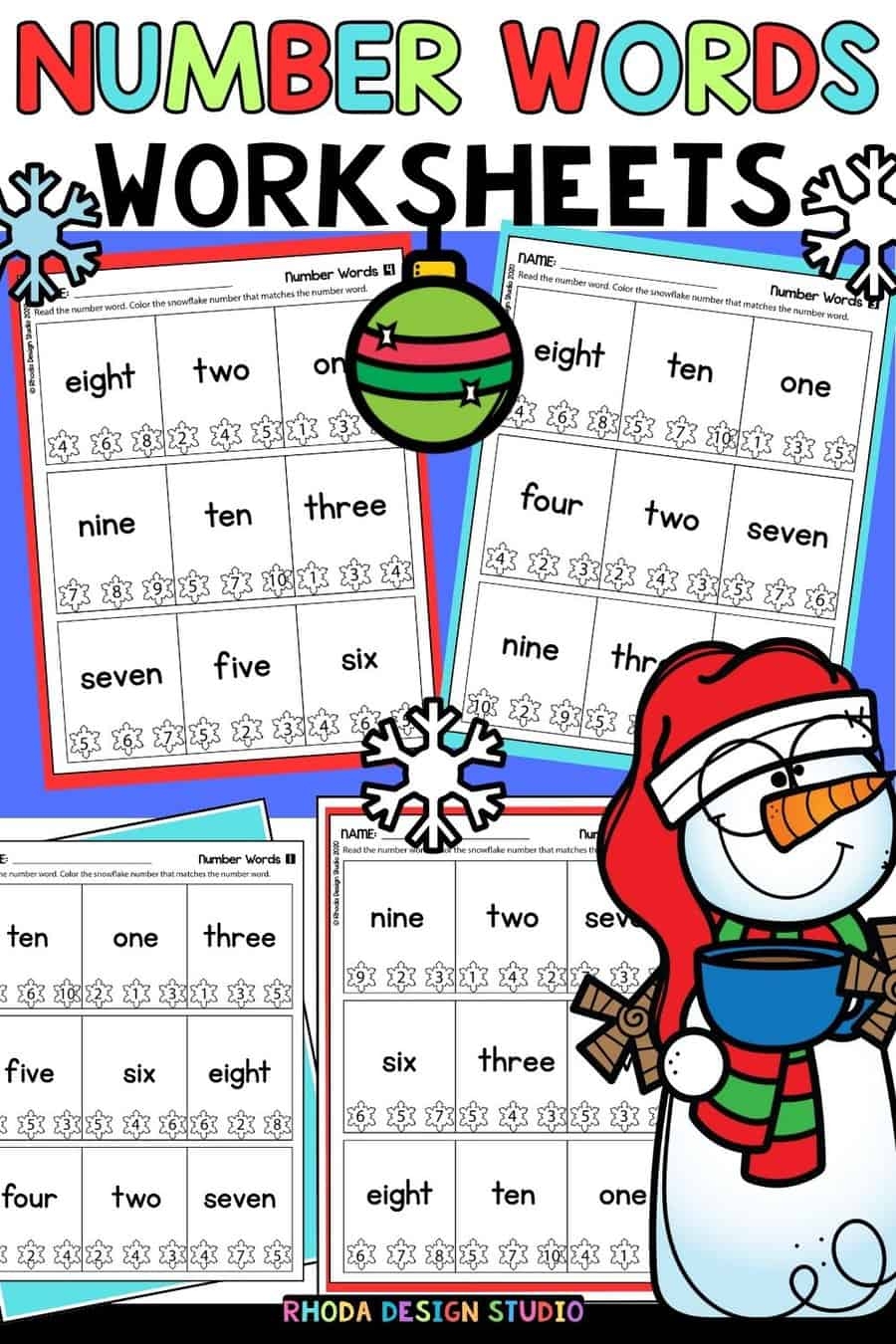 Winter Number Words Practice Snowflake Worksheets