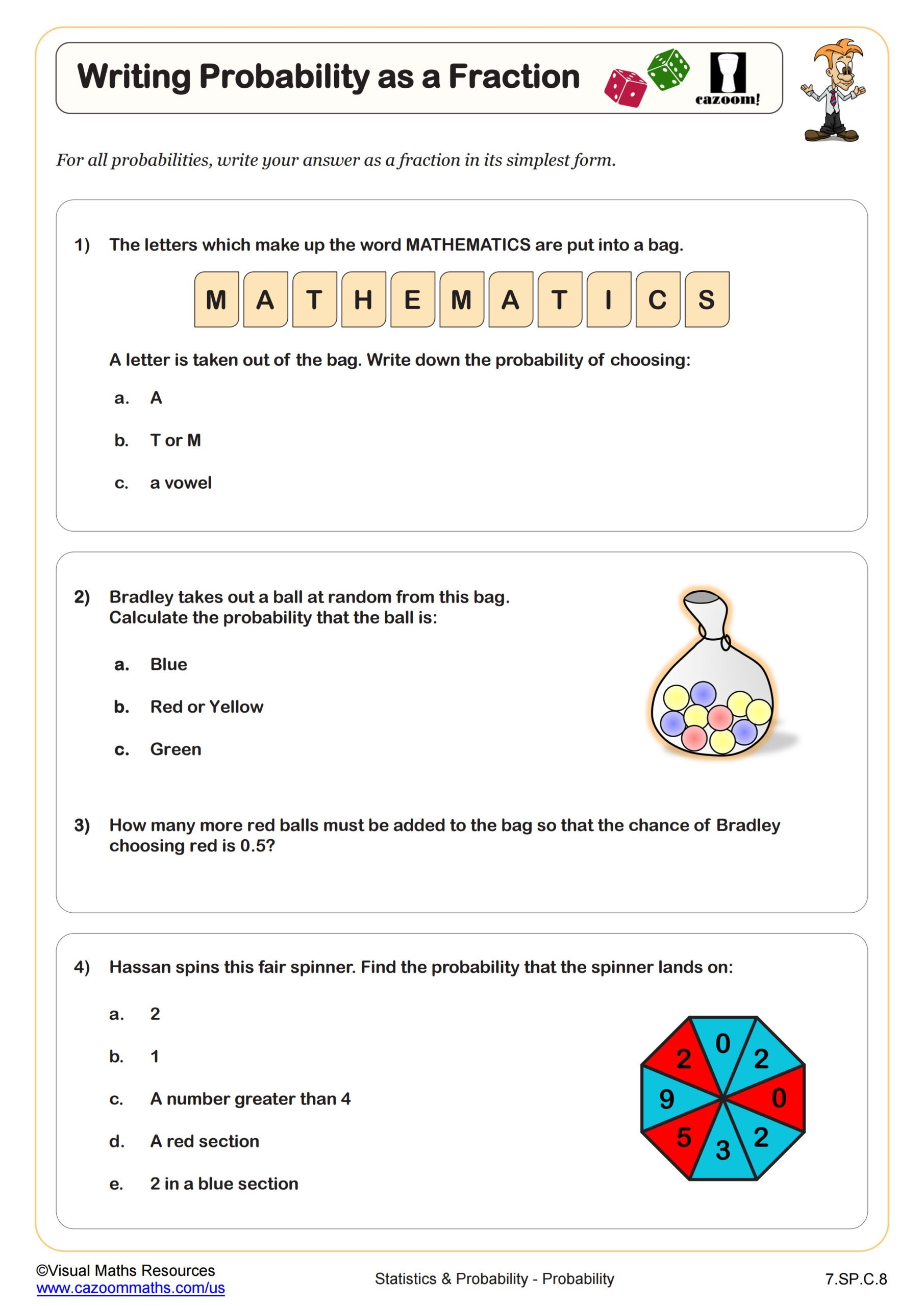 Writing Probability As A Fraction Worksheet PDF Printable Statistics U0026 Probability Worksheet