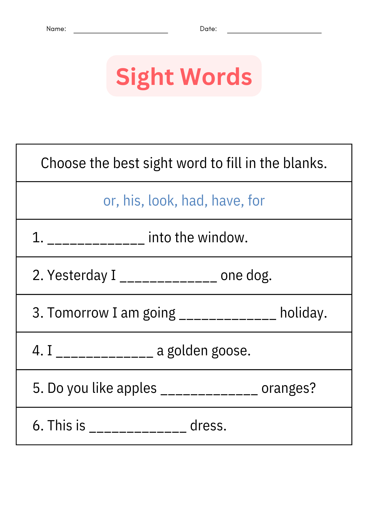 Writing Sight Word Sentences Activities Worksheet Practice For 
