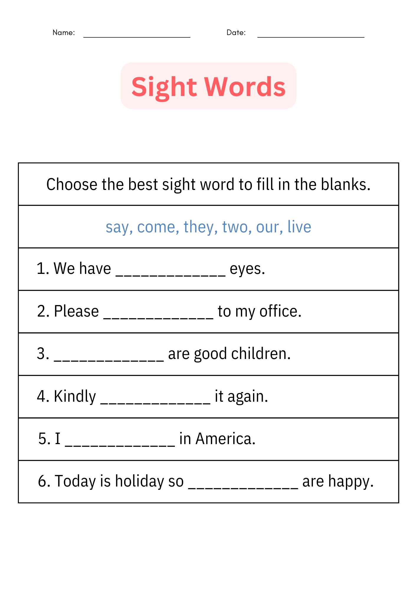 Writing Sight Word Sentences Activities Worksheet Practice For 