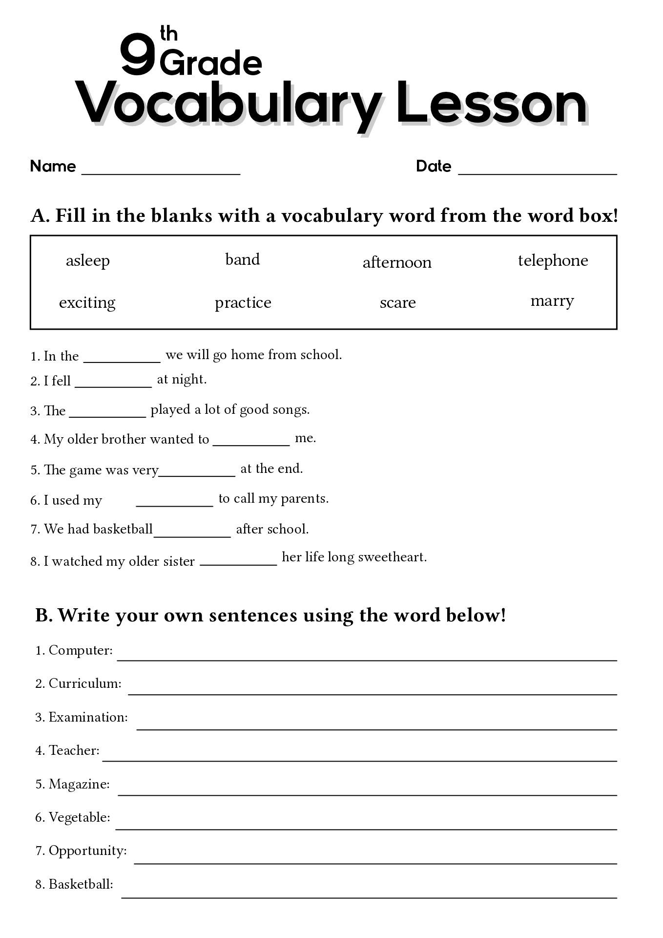 Printable 9th Grade English Worksheets Printable 9th Grade English Worksheets