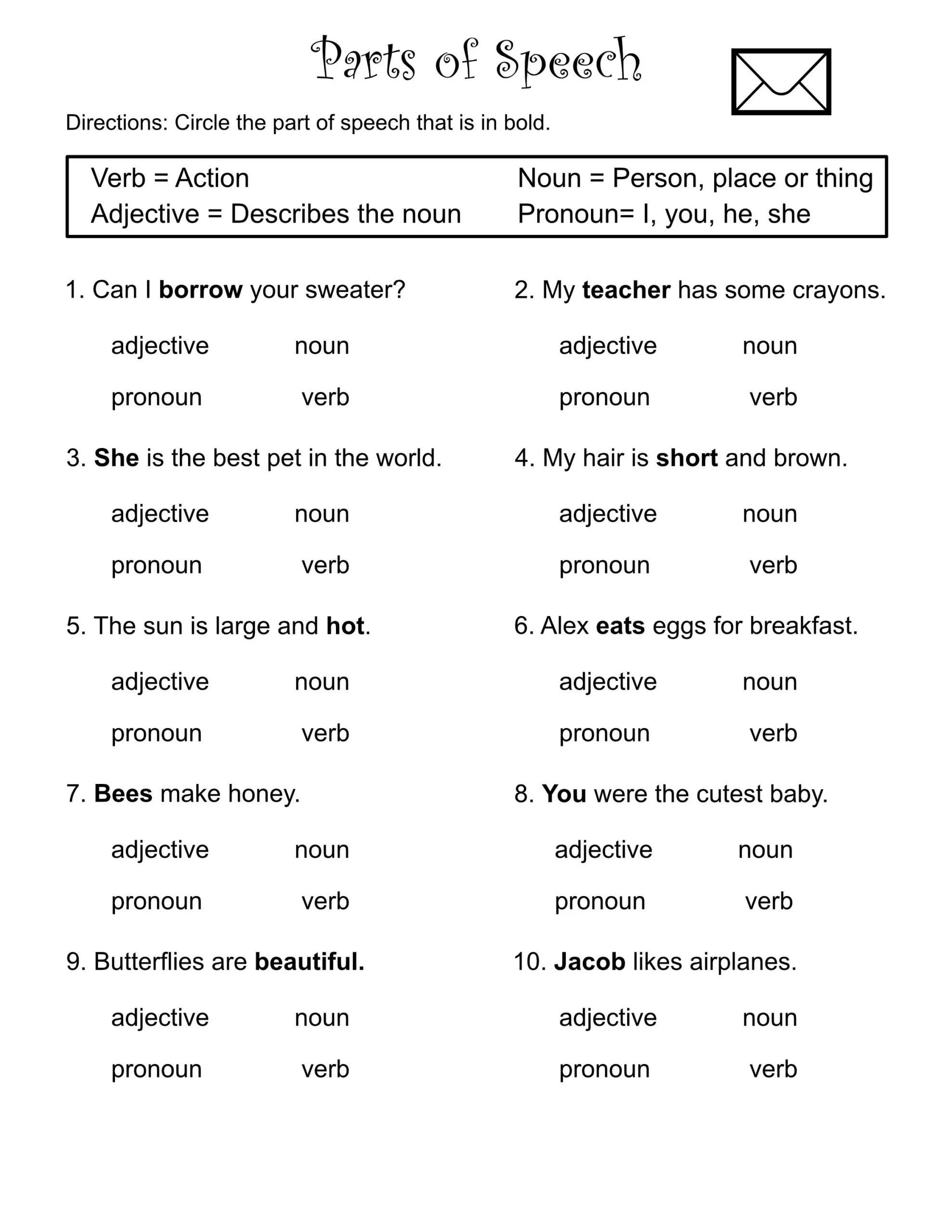 Free Printable Parts Of Speech Worksheet Free Printable Parts Of Speech Worksheet