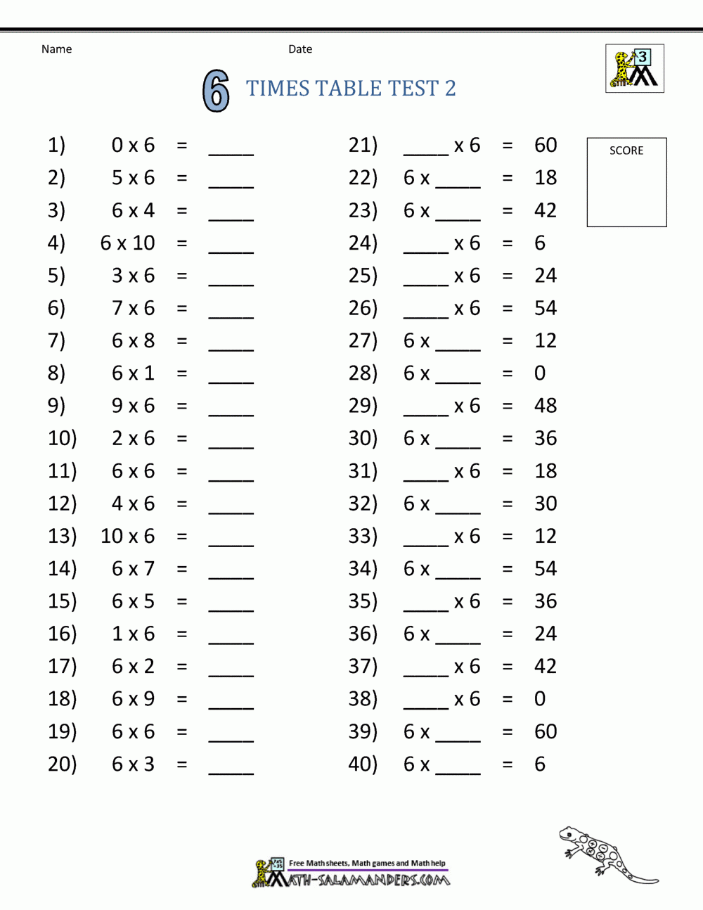 Free Printable 6 Times Table Worksheet