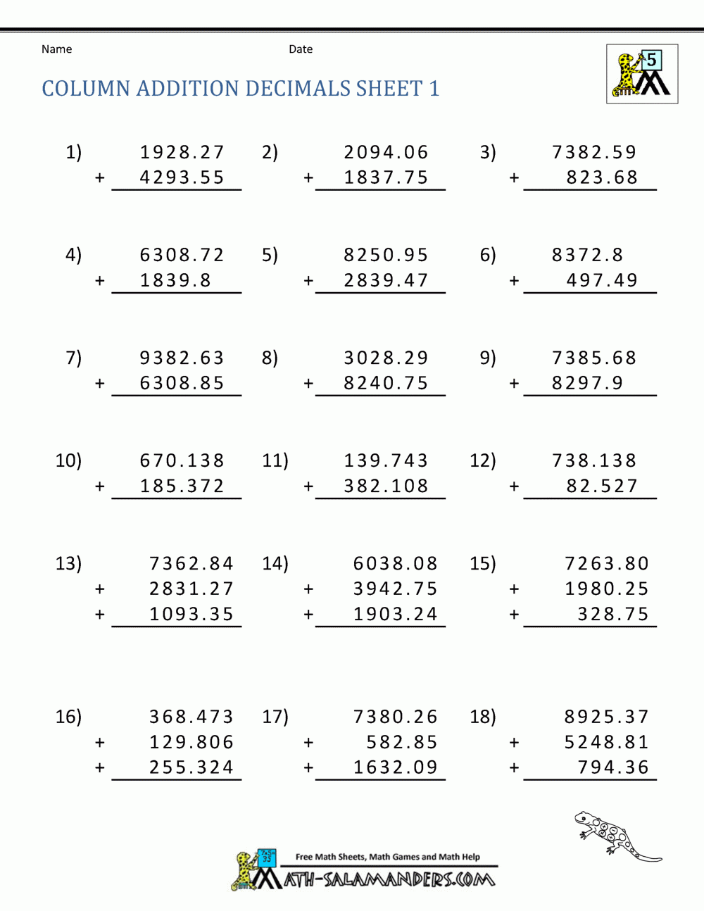 Adding With Decimals Worksheet Printable Adding With Decimals Worksheet Printable