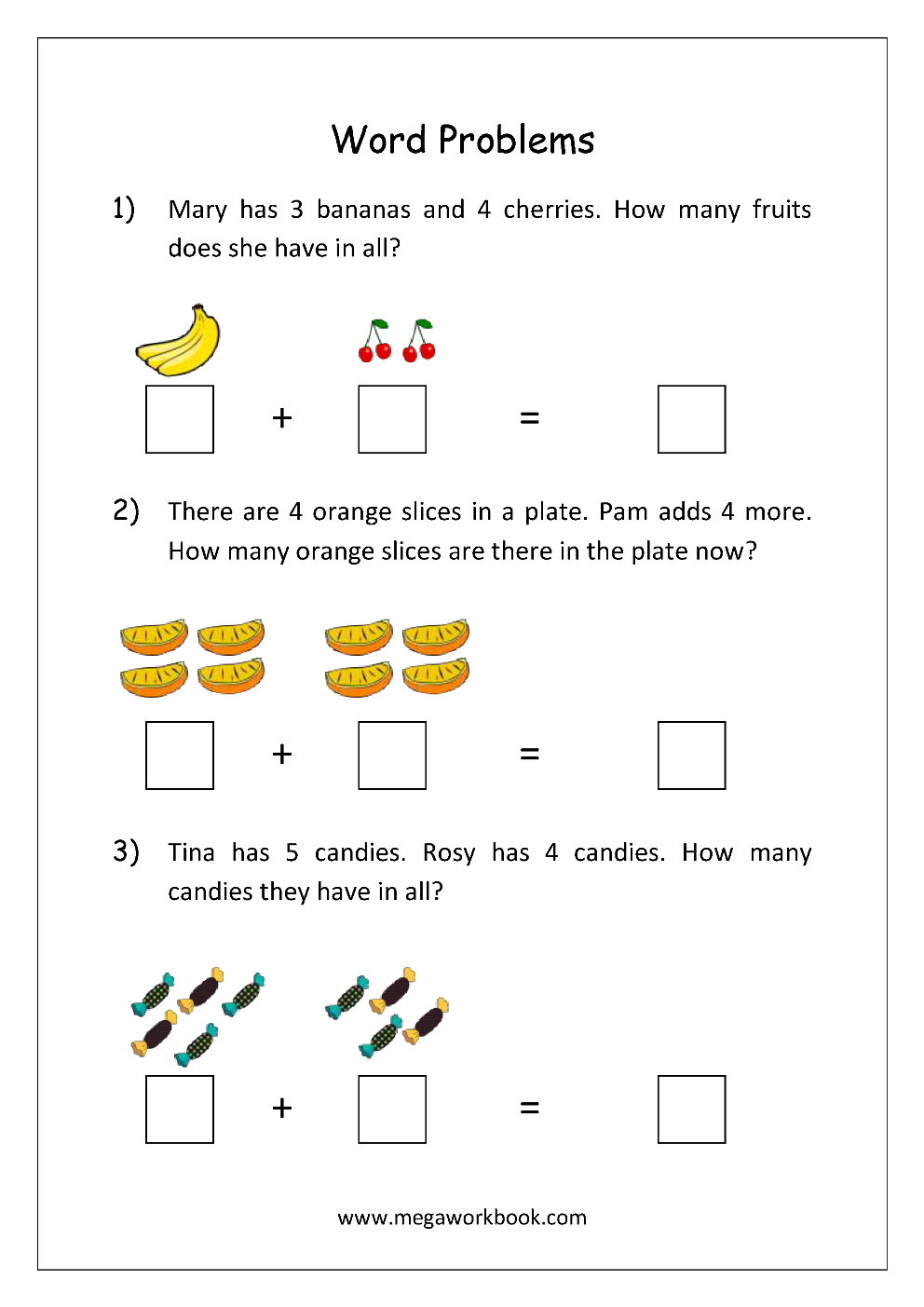 Kindergarten Addition Word Problem Worksheets