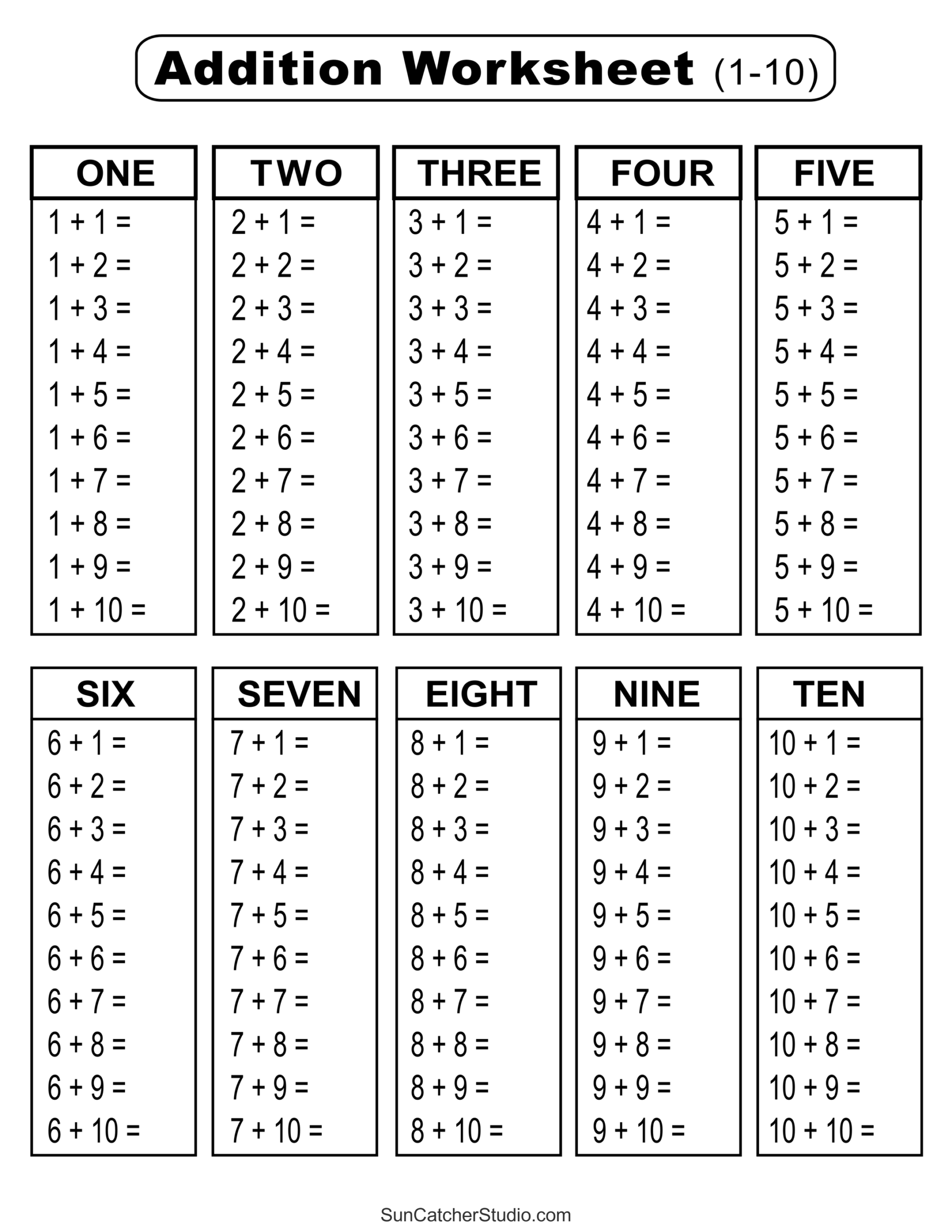 Free Printable Addition Tables Worksheets