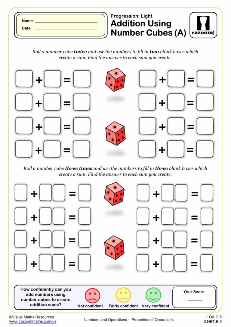 Addition Using Number Cubes A 1st Grade PDF Addition Worksheets