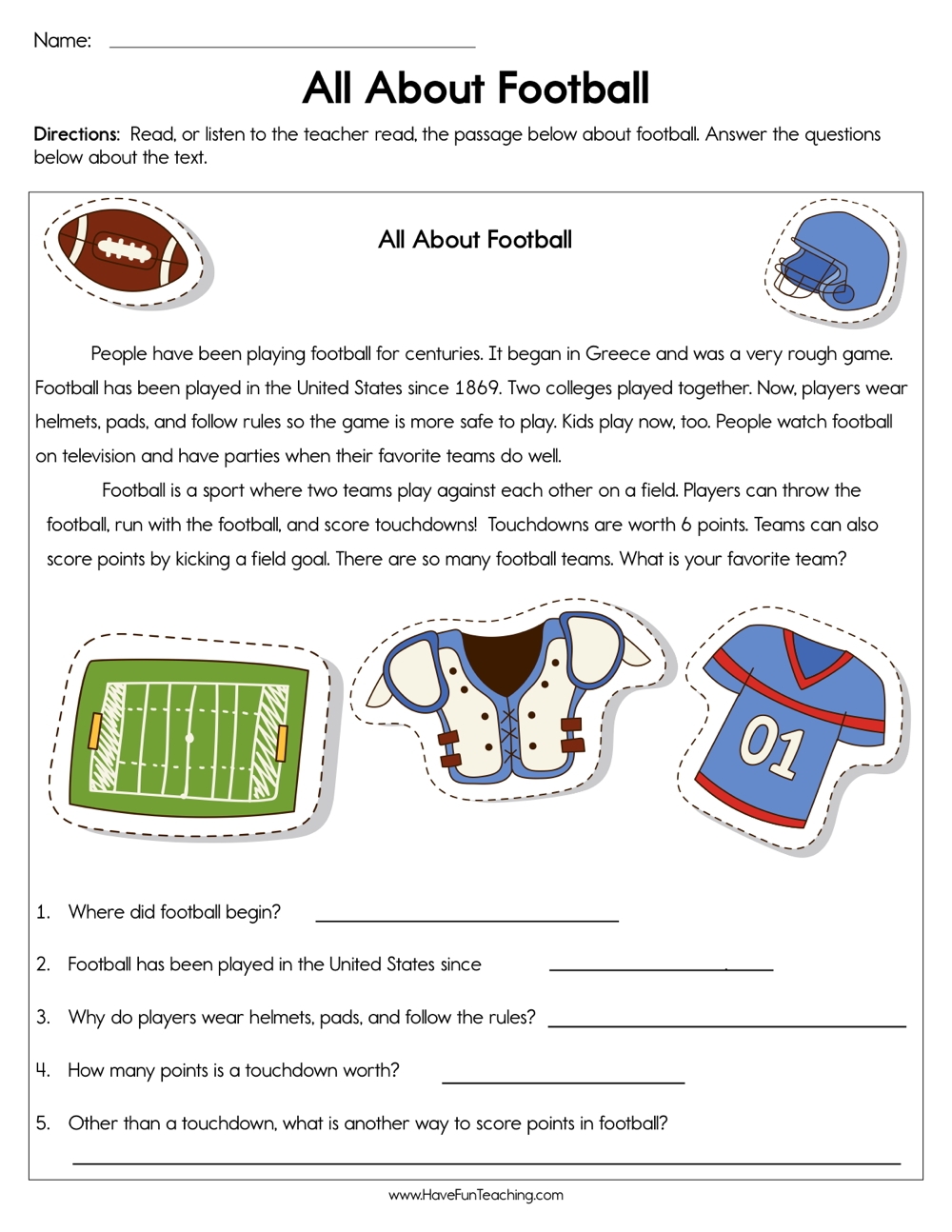 Fun Football Kindergarten Reading Comprehension Worksheets Fun Football Kindergarten Reading Comprehension Worksheets
