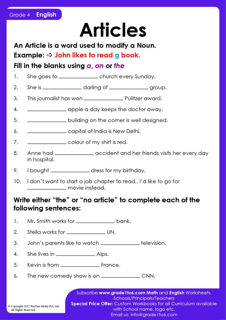 Articles Worksheet For CBSE Class 4 Grade1to6