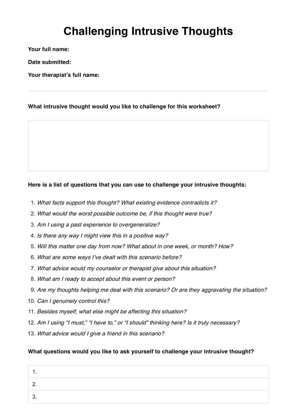 Printable Intrusive Thoughts Worksheet Printable Intrusive Thoughts Worksheet