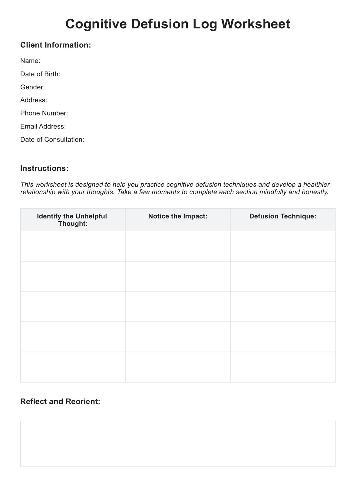 Printable Cognitive Defusion Worksheet Printable Cognitive Defusion Worksheet