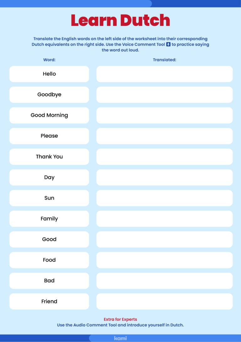 Dutch Words Worksheet For Teachers Perfect For Grades 10th 11th 12th 4th 5th 6th 7th 8th 9th World Languages Classroom Resources Kami Library