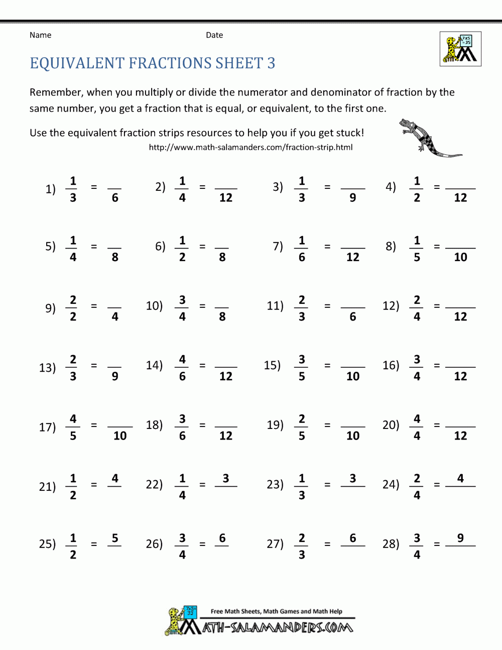 Free Printable Math Worksheets Equivalent Fractions Free Printable Math Worksheets Equivalent Fractions