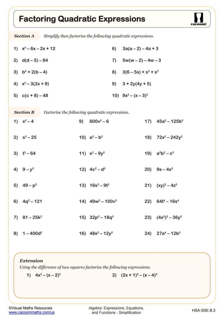 Factoring Trinomials Worksheet PDF Printable Algebra Worksheet Cazoom Math