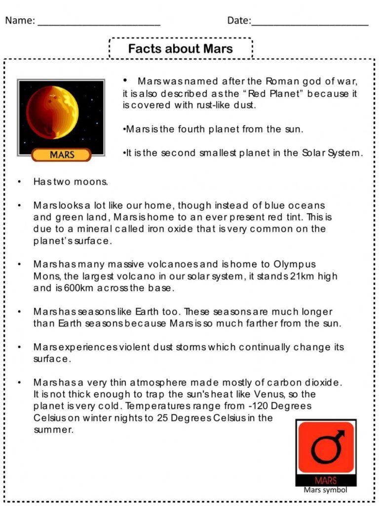 Facts About Mars Free Interactive Worksheets 383080