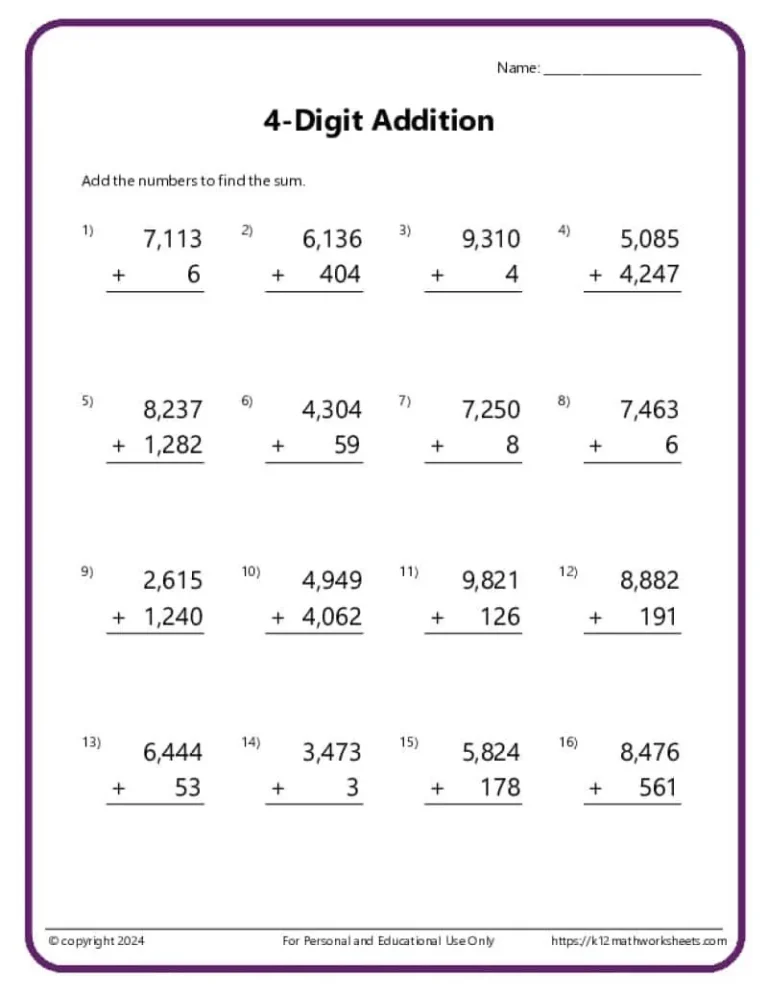 Four Digit Addition Worksheets