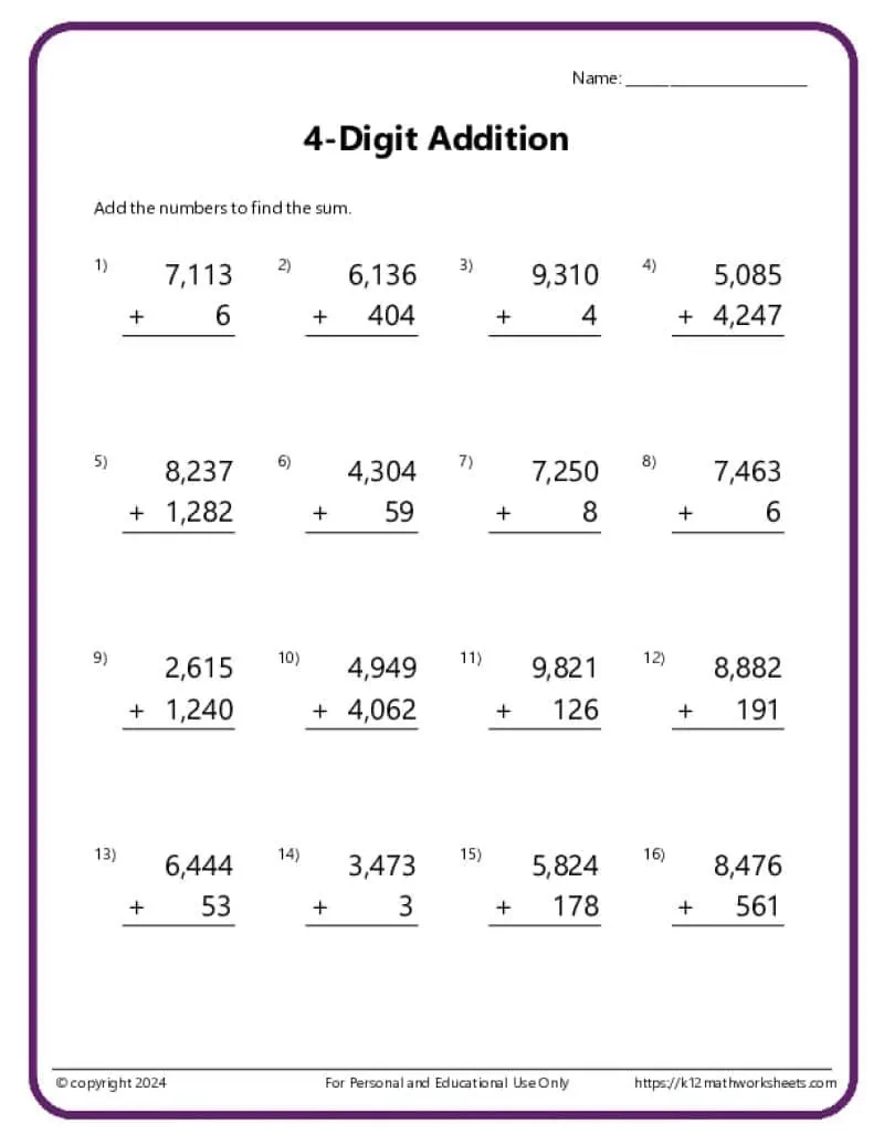 4 Digit Addition Worksheets Printables