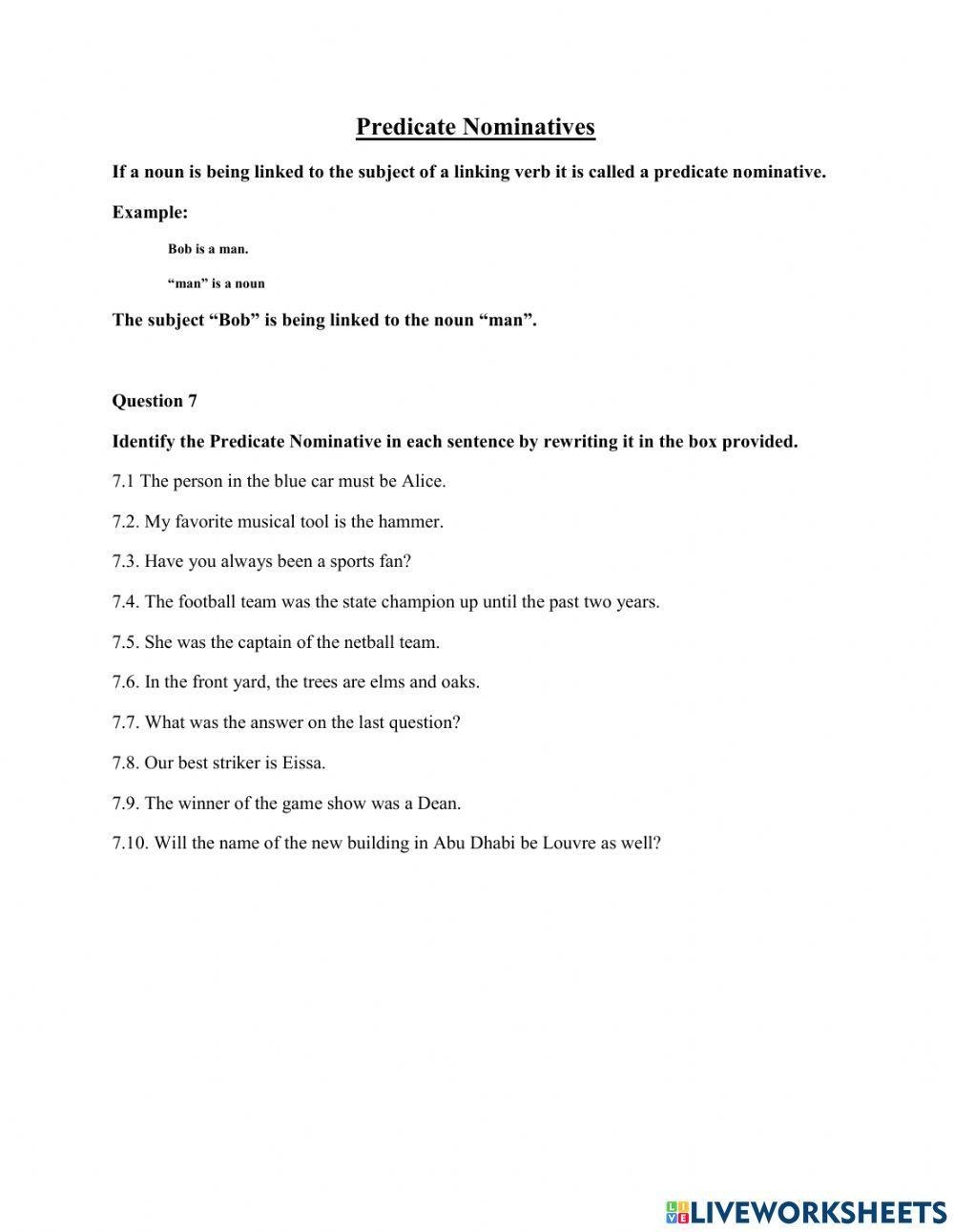 Free Printable Worksheets On Predicate Nouns Free Printable Worksheets On Predicate Nouns