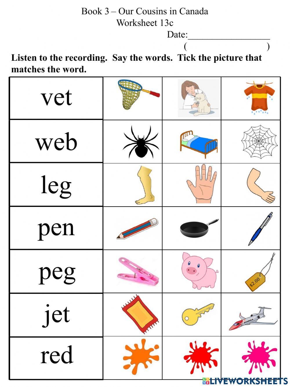 Kindergarten Cvc E Words Worksheets