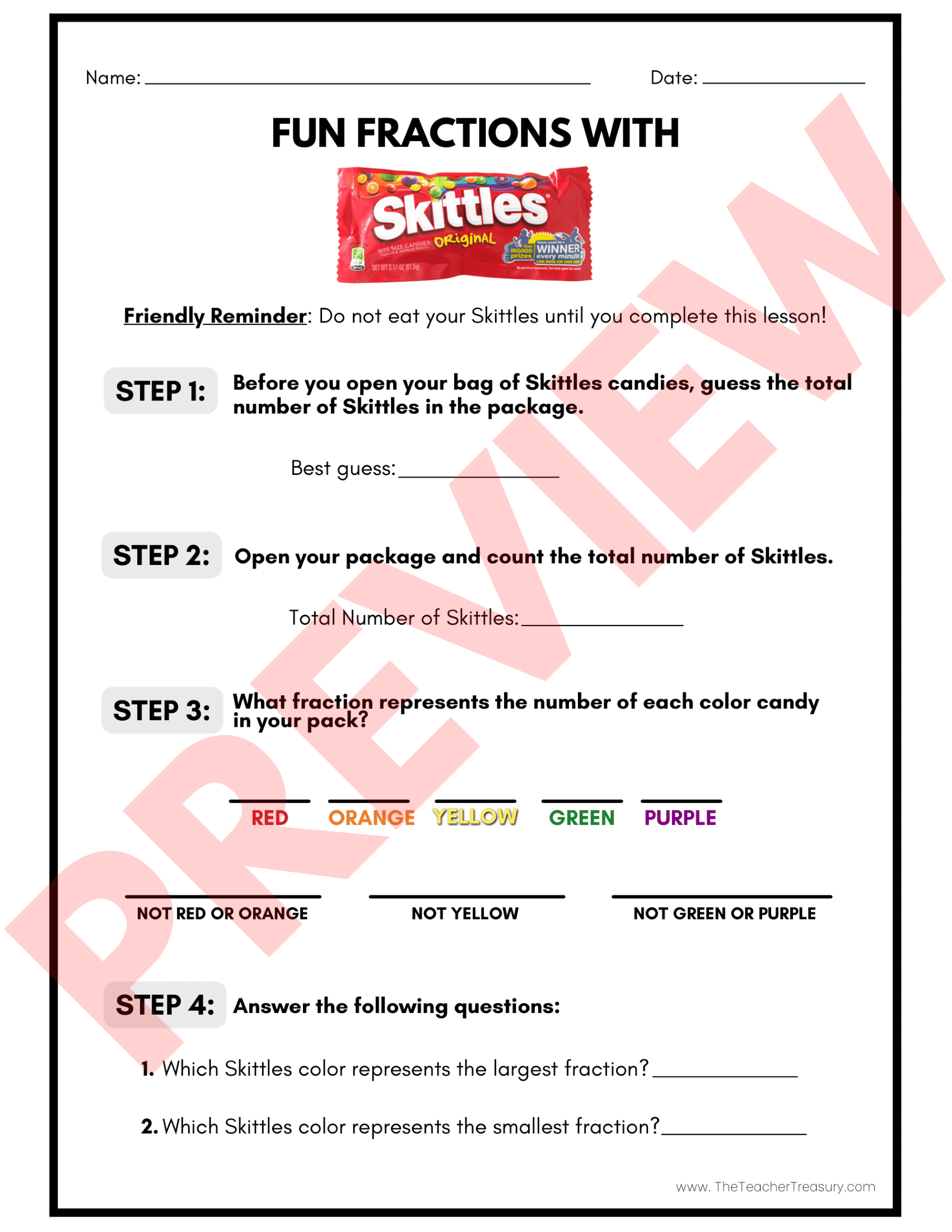 Free Printable Skittles Fraction Worksheet Free Printable Skittles Fraction Worksheet