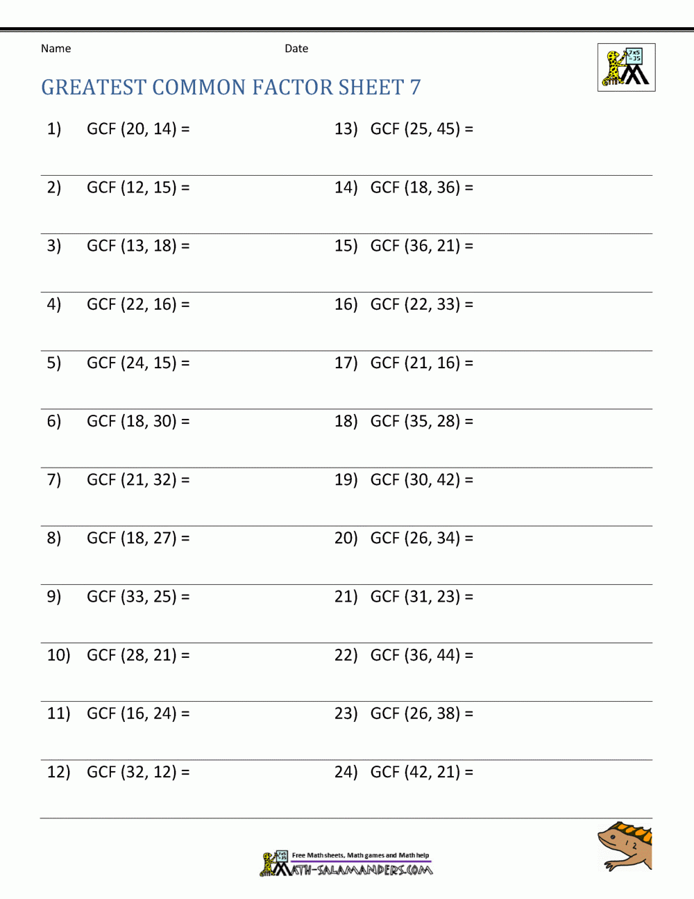 Gcf Worksheet Printable Gcf Worksheet Printable
