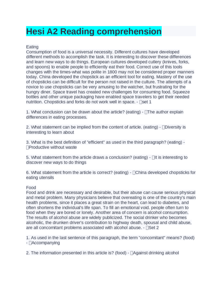 Hesi A2 Reading Comprehension Exams Nursing Docsity