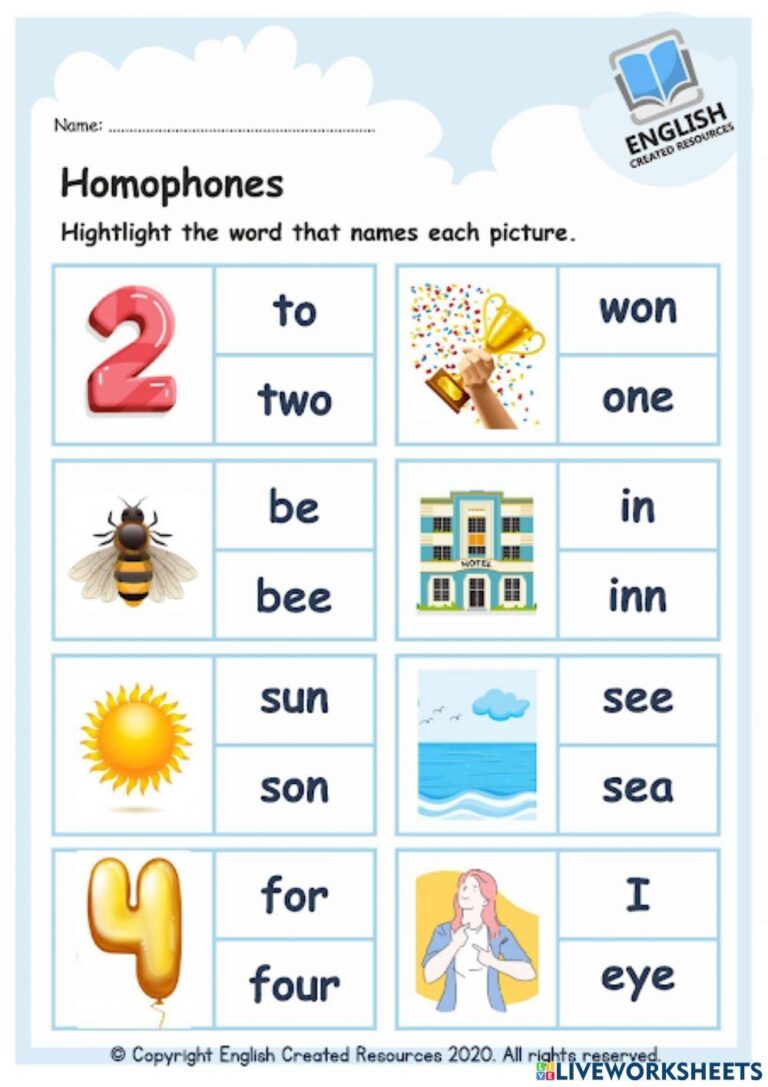 Homophones Grade 1 Online Exercise For Worksheets Library