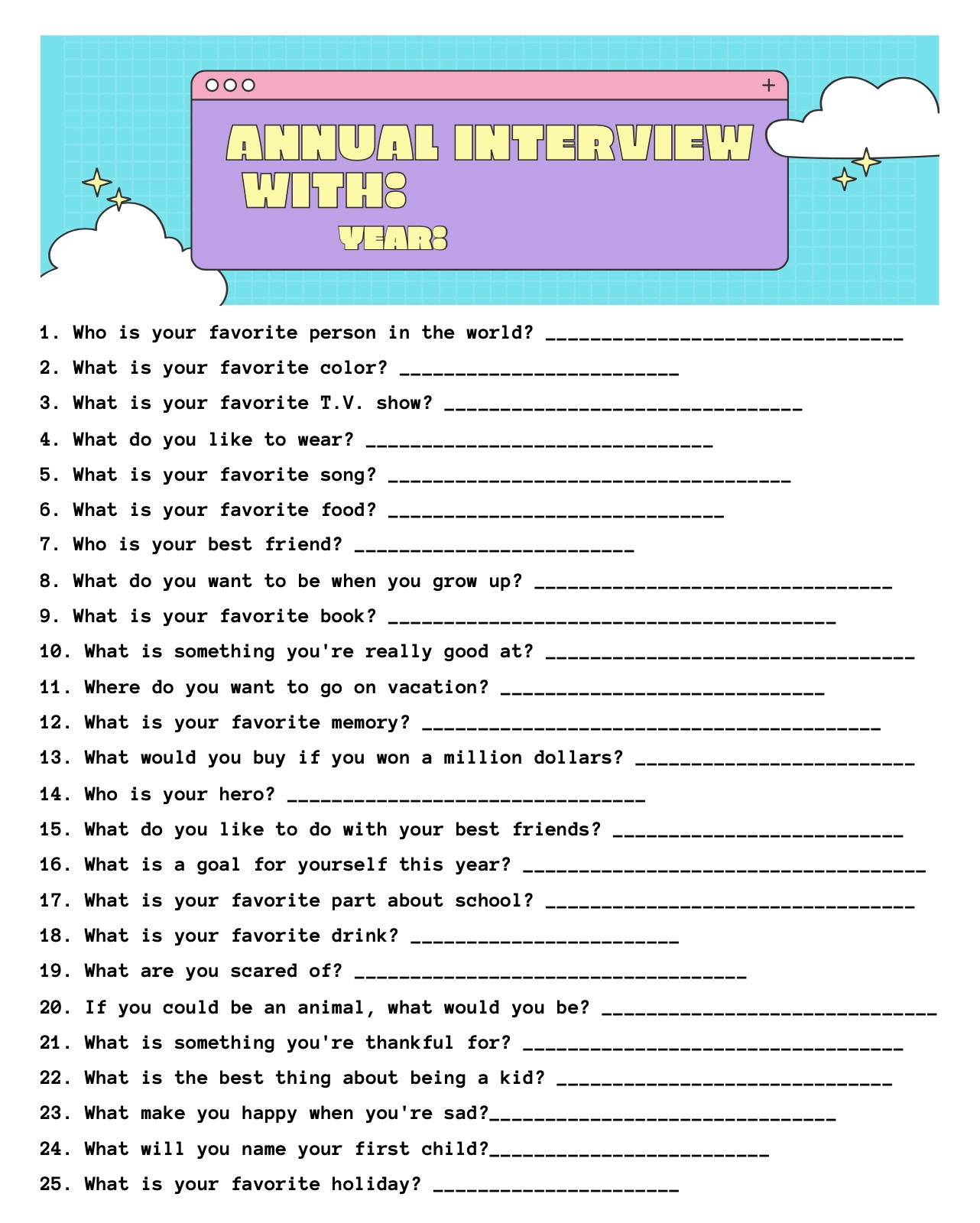 Printable Kid Interview Questions Worksheet Printable Kid Interview Questions Worksheet