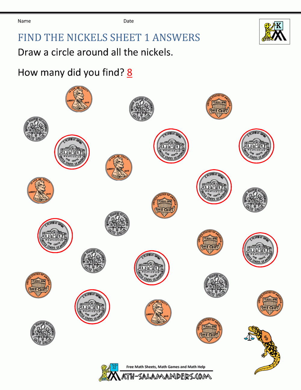 Free Kindergarten Coin Worksheets