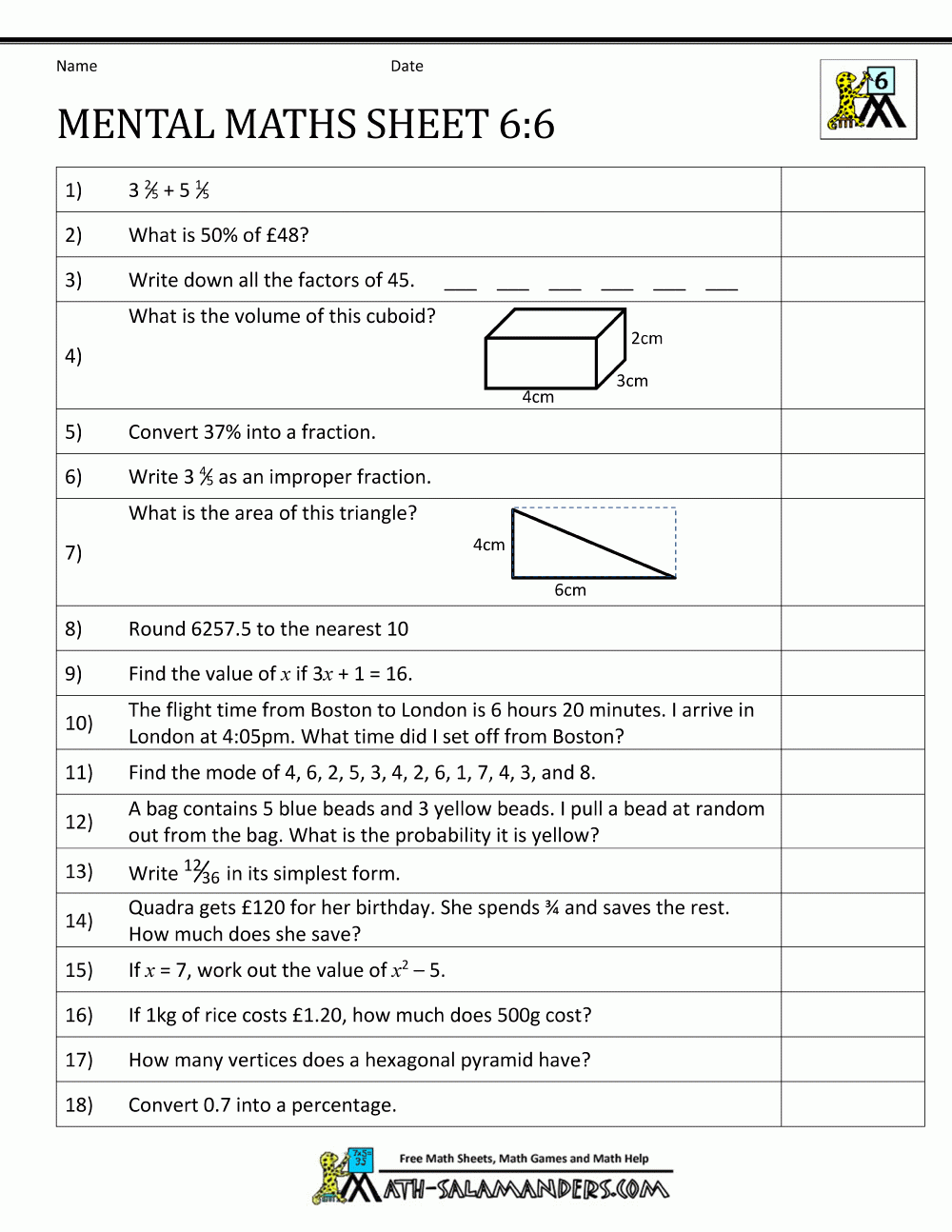Printable Mental Math Worksheets Grade 6 Printable Mental Math Worksheets Grade 6