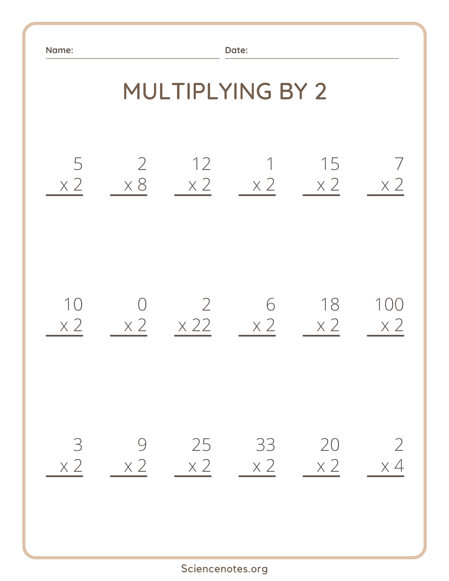 Multiplying By 2 Printable Worksheet