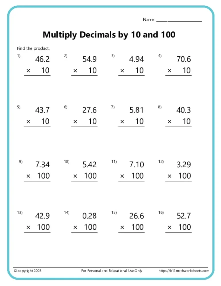 Multiplying Decimals Worksheets